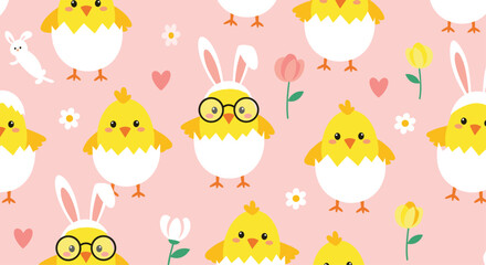 Naklejka premium Adorable spring season pattern showcases yellow chicks in eggshells and bunny ear headbands among tulips and hearts on pink background.