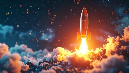 Obraz premium Rocket Launching into Space with Clouds and Stars.