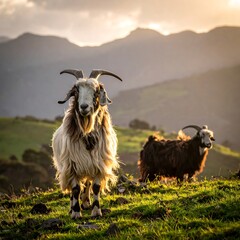 Obraz premium Two goats stand on a hilltop, mountains in the background, sunset glow