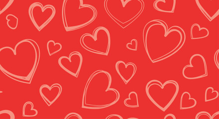Romantic heart pattern featuring various sizes of hand drawn heart outlines in soft pink on a vibrant solid red background for love themes.