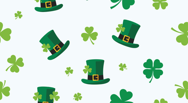 Festive saint patricks day pattern with green leprechaun hats and lucky shamrocks scattered over a light blue background for holiday cheer.