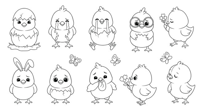 Collection of ten adorable yellow chick characters expressing various emotions like crying happy and curious plus easter accessories.