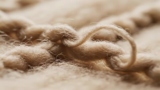 Macro shot of natural beige wool fibers twisted into a thick rope with sparkling water droplets in soft warm lighting creating a cozy and comforting texture perfect for textile backgrounds