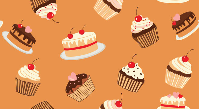 Delightful bakery pattern featuring an assortment of chocolate and vanilla cakes and cupcakes with cherries on a warm orange background.