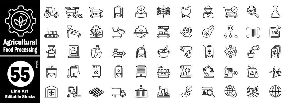 Agricultural food processing icons set. Tractor harvester grain mill and conveyor belt for farm industry modern line art symbols vector illustration.