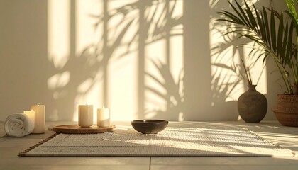 Serene Spa Scene - Candles, Plants, and Shadows for Relaxation.
