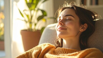 Serene woman basking in sunlight, finding peace and relaxation.