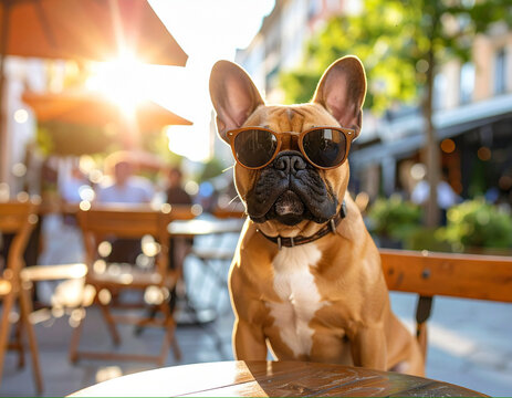 French Bulldog wearing sunglasses sitting at outdoor cafe table