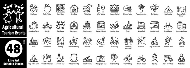 Agricultural tourism events line icons. Featuring farm activities, rural workshops, outdoor recreation, local food experiences, animal interactions, and seasonal farm festivities vector illustration. © Hafiz