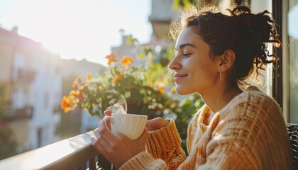 Serene Woman Enjoying Morning Coffee on Balcony.