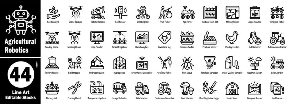 Agricultural robotics line icons set. Including autonomous farming equipment, smart irrigation systems, robotic seeders, drone sprayers, greenhouse controllers, and automated harvesters vectors.