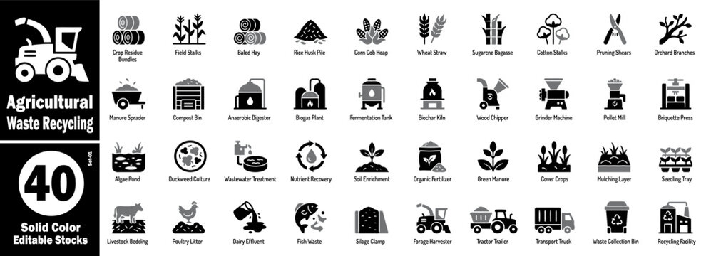 Agricultural waste recycling icons. Collection of forty solid symbols of biomass energy, compost bins, and organic waste processing for sustainable farming and resource management vector illustration.