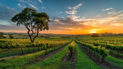 Naklejka premium Vineyard landscape with rows of grapevines and a lone tree under a vibrant sunset sky with orange clouds and blue hues