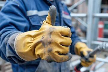 worker give thumb up sign. Construction quality guarantee