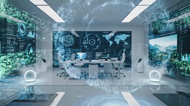 Professional analyst interacting with a large digital cloud data interface in a futuristic smart office workstation room.