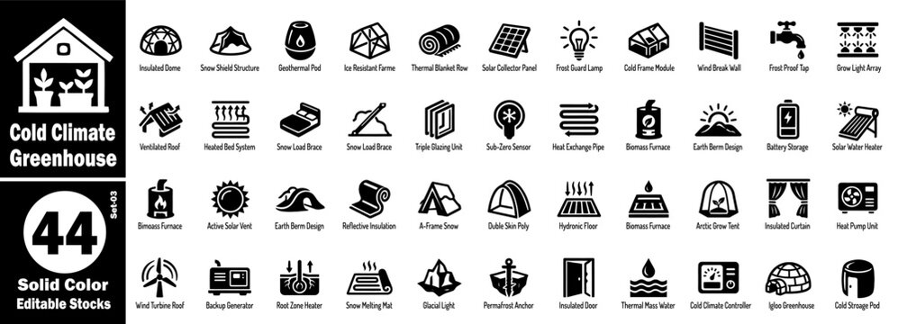 Cold climate greenhouse icons set. Including insulated domes, snow shield structures, geothermal pods, and advanced biomass heating systems for sustainable winter farming projects vector illustration.