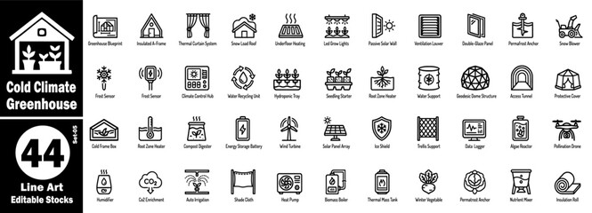 Cold climate greenhouse line art icons set. Featuring greenhouse blueprints, insulated A-frames, thermal curtain systems, and snow load roofs for high-performance winter gardening vector illustration. © Hafiz
