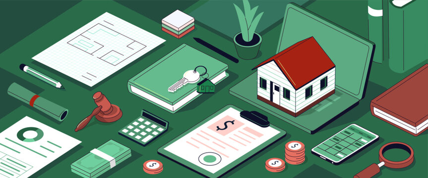 Workspace with legal documents for property buying, architecture project, mortgage contract. Real estate concept. Vector isometric background illustration.