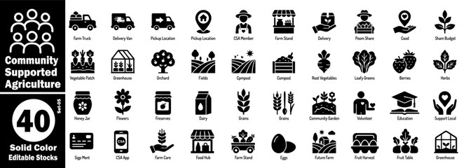 Community-supported agriculture icons set. Solid color editable stocks with transparent background, featuring farm logistics and fresh food vector illustration. © Hafiz