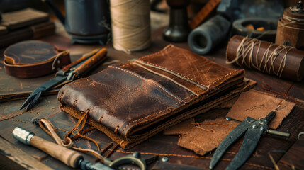 A leather wallet sits on a table with scissors, a ruler