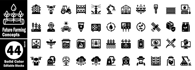 Future farming concepts icons. Solid color editable stocks, collection includes icons such as aeroponic tower, drone scanner, smart tractor, and many more vector illustrations. © Hafiz