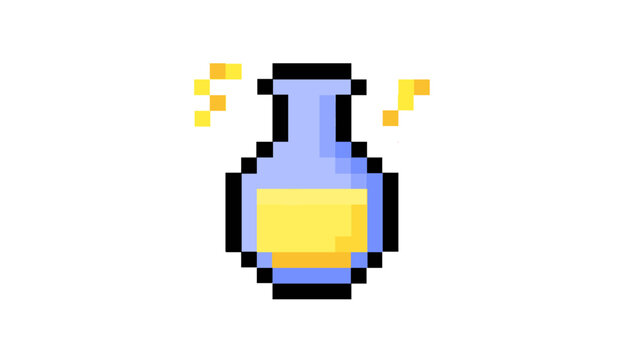 Captivating pixel art magic potion bottle radiating a luminous glow, ideal for retro game development, fantasy UI elements, and mystical digital designs