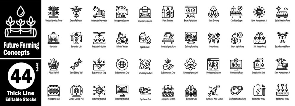 Future farming concepts thick line editable stocks. The collection includes icons such as a vertical plant tower, drone pollinator, automated harvester, and many more vector illustrations.