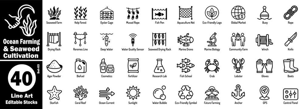Ocean farming and seaweed cultivation icons set. Line art icon contains seaweed farm, kelp forest, oyster cage, mussel rope, fish pen, and aquaculture net vector illustration.