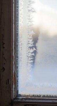 Frosty windowpane with delicate ice crystals and peeling wooden frame outdoors