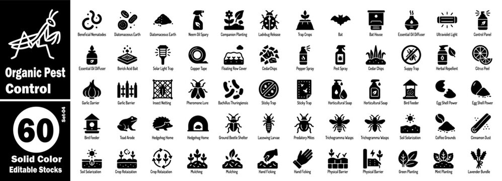 Organic pest control, solid color editable vector icons set for insect management farming, environmental protection, and natural solutions vector illustration.