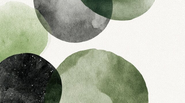 Abstract watercolor circles in various shades of green, gray, and black overlap, forming a contemporary, textured background with organic shapes against a light paper canvas