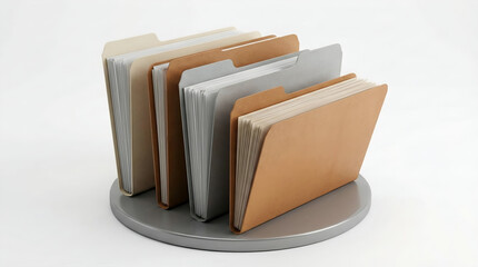 Row of office file folders with documents on a round stand, isolated on white background, AI generated