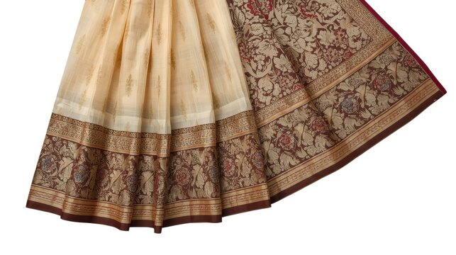 Elegant traditional saree with intricate border and light fabric drape.