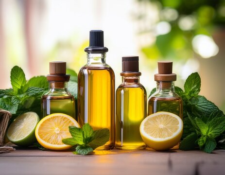 clean glass flacons filled with essential oils surrounded by fresh mint citrus slices and vibrant floral botanicals