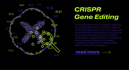 Naklejka premium Yellow-green particle cloud forms glowing chromosome outline with magnifying glass and numbers on black background, futuristic pointillism. Conceptual vector illustration for CRISPR gene editing.