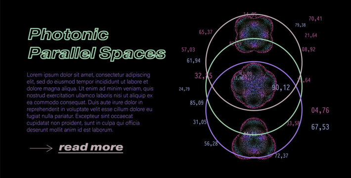 Neon green-purple particle clouds form glowing atomic orbital shapes in concentric elliptic rings with numbers on black void, futuristic pointillism. Conceptual vector illustration for photonic parall