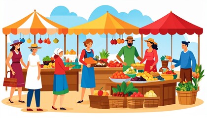 Vibrant Farmers Market Scene with Fresh Produce and People.
