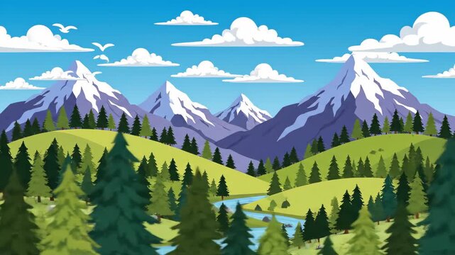 Animated Mountain Scenery Loop with Evergreen Forests and Snowy Peaks for Nature Documentaries