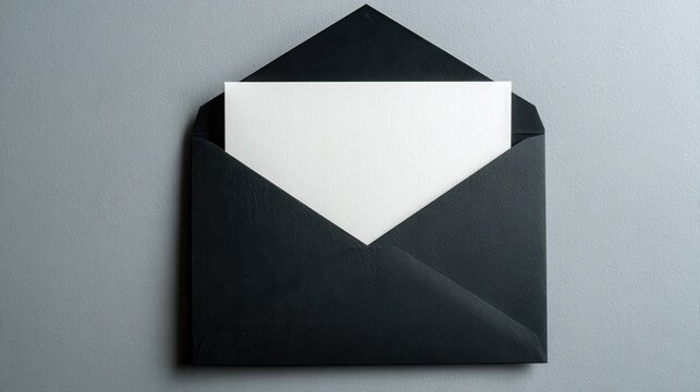 Black envelope with an open flap revealing a blank white textured card. Offering a minimalist mock up for communication. Invitation. Business correspondence