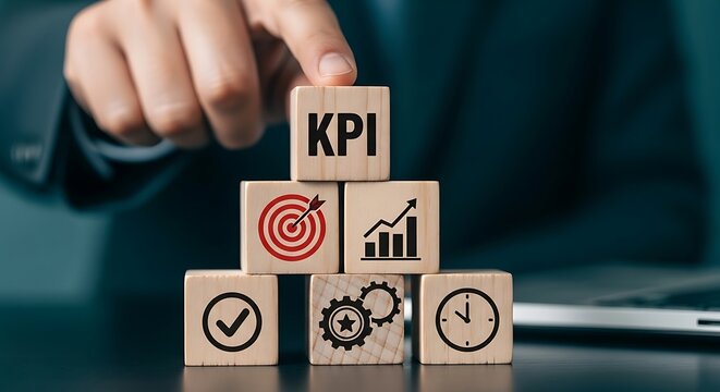 Hand arranging wooden blocks with KPI and icons on a table to represent business performance and target achievement in a professional setting.