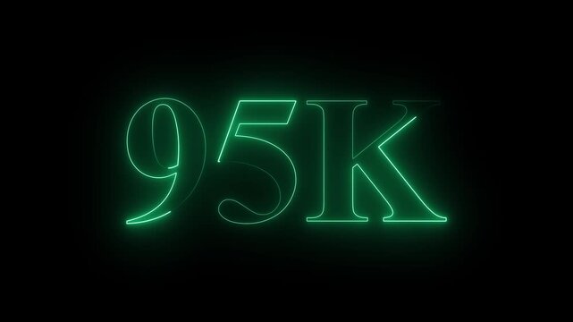 Abstract neon glowing  light 95K letter animation. 95K subscribers celebrations. 95k animation neon text effect video motion on black background. 95k Followers Celebration text animation. 