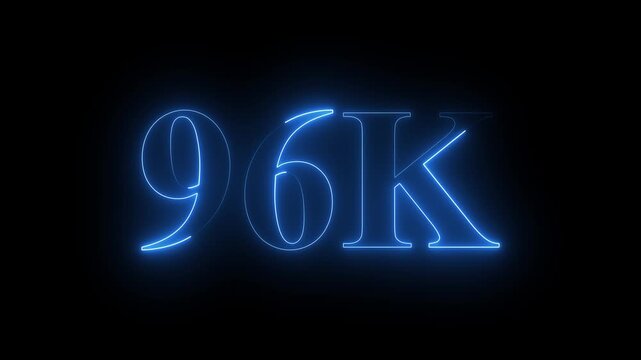Abstract glowing neon light 96K letter animation. 96K subscribers celebrations. 96k animation neon text effect video motion on black background. 96k Followers Celebration text animation. 
