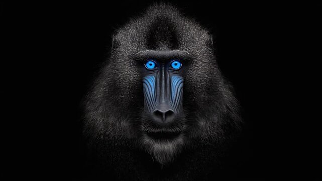 Striking portrait of a mandrill's face. The primate features vibrant blue eyes and a unique, patterned snout