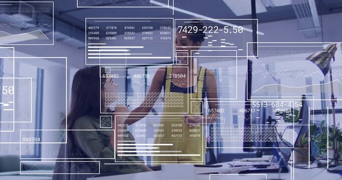 Office peers tapping shoulder, nudging seated peer reviewing monitor, animated chart showing data