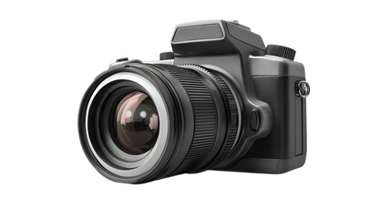 Fototapeta premium Professional digital camera with lens and controls on top and side isolated on transparent background for photography and technology concepts