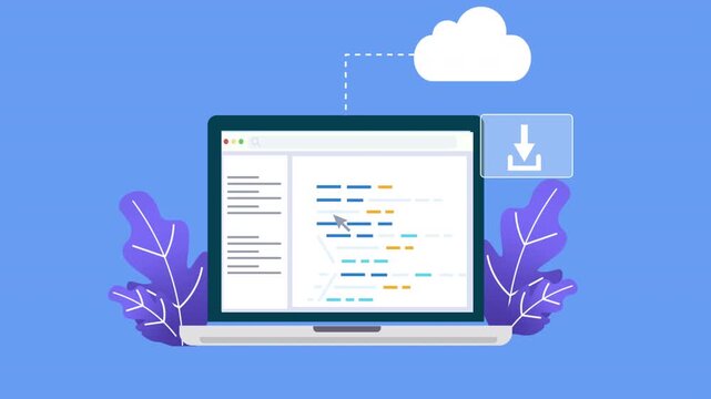 Laptop displaying programming interface connected to cloud download process, representing code synchronization, software development, and digital workflow.
