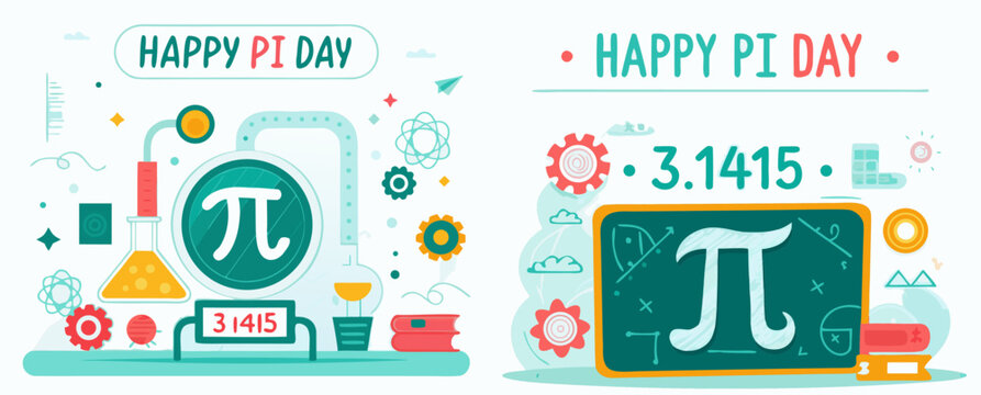A colorful vector graphic illustration celebrating Pi Day with mathematical symbols and icons