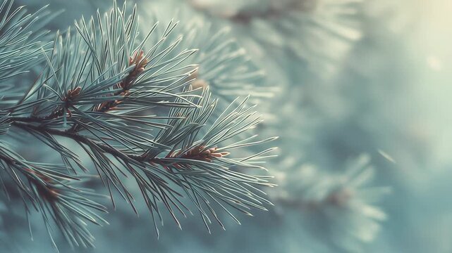 Frost covered pine needles in soft winter light creating calm seasonal nature background with icy texture and peaceful minimalist mood