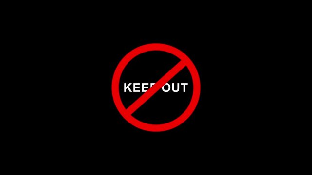 Keep out prohibition warning sign animation on black background. Caution warning symbol, alert, error sign, security protection 4K motion graphic.