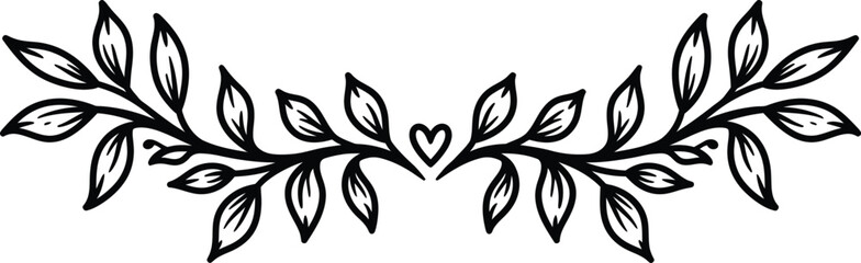 Black and white leafy branch with heart illustration on for decoration and design